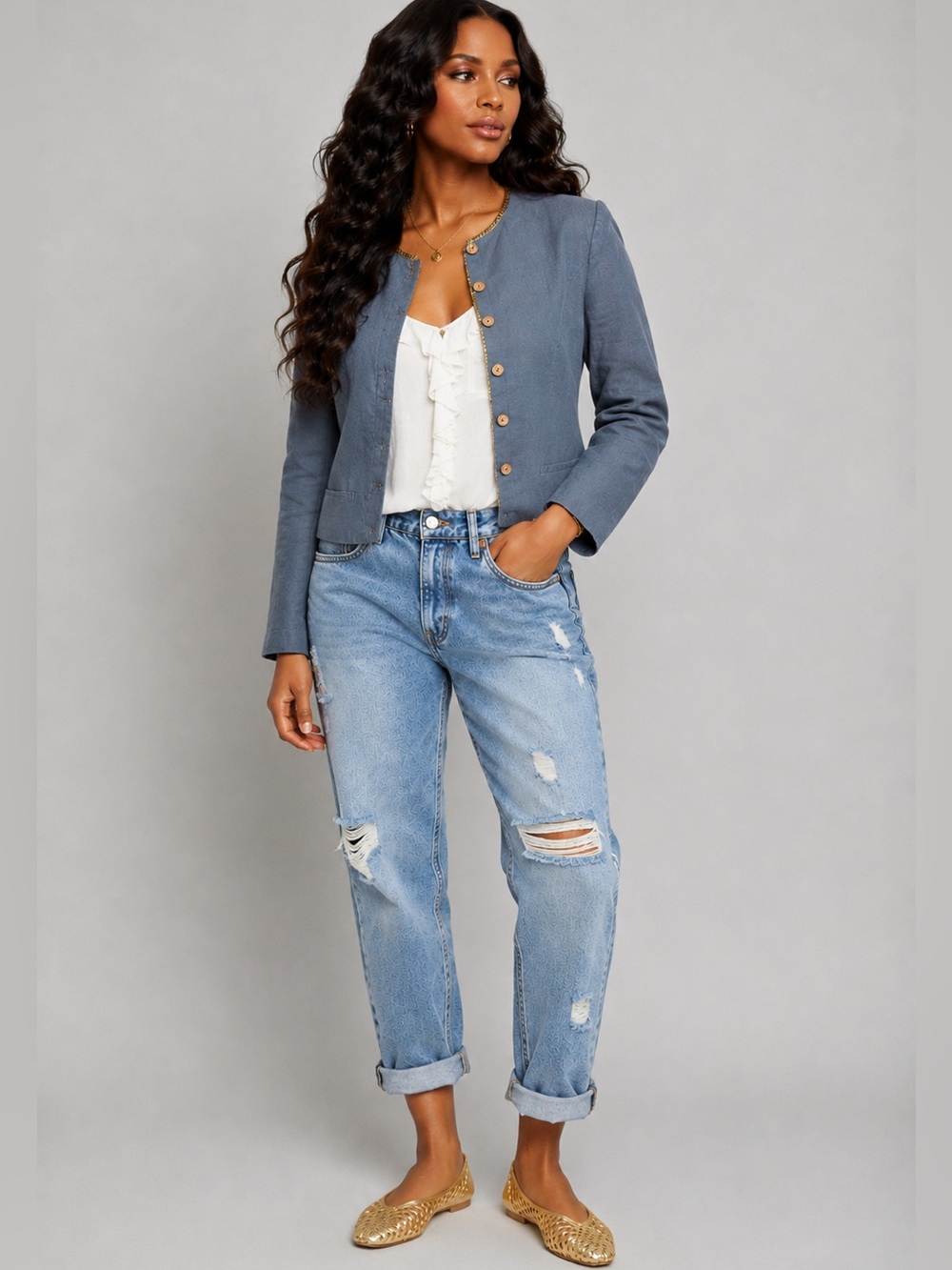 Philippe Adec Woven Mandarin Collar Jacket in Slate Blue